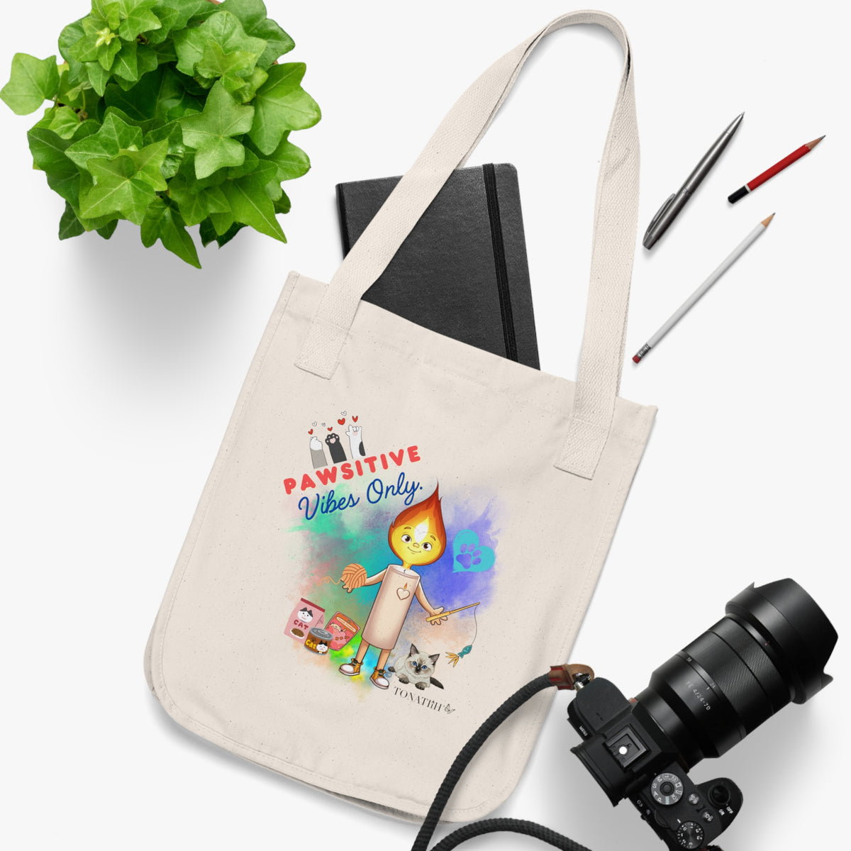 Organic Canvas Tote Bag — "Pawsitive Vibes Only" Cat love