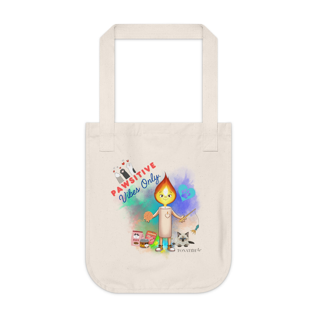 Organic Canvas Tote Bag — "Pawsitive Vibes Only" Cat love
