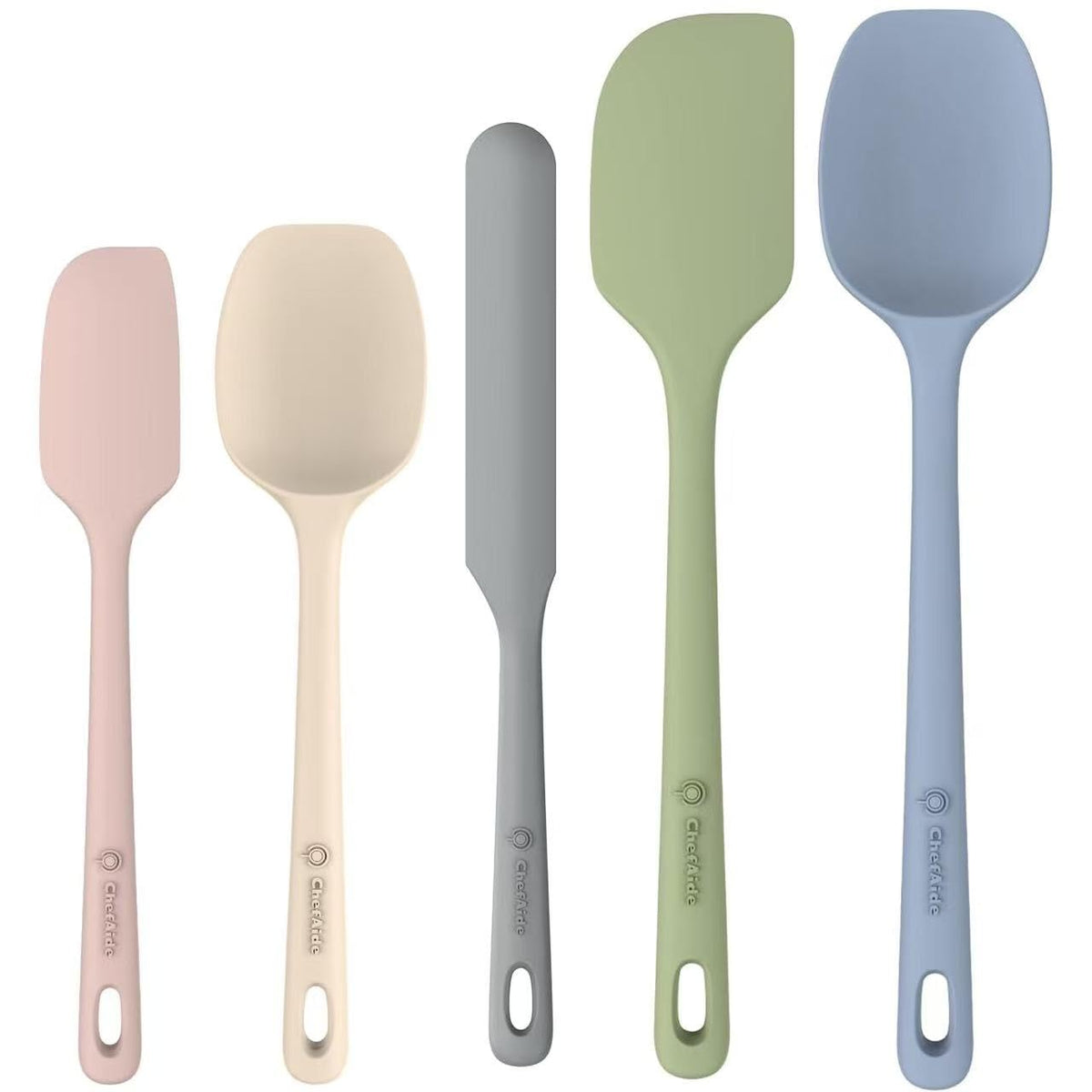 ChefAide 5 Pieces Silicone Spatula Set, Food Grade Rubber Spatula, Upgrade Strong Handle with Ergonomic Grip, Heat Resistant Up to 600°F for Nonstick Cookware, Cooking Candy Series