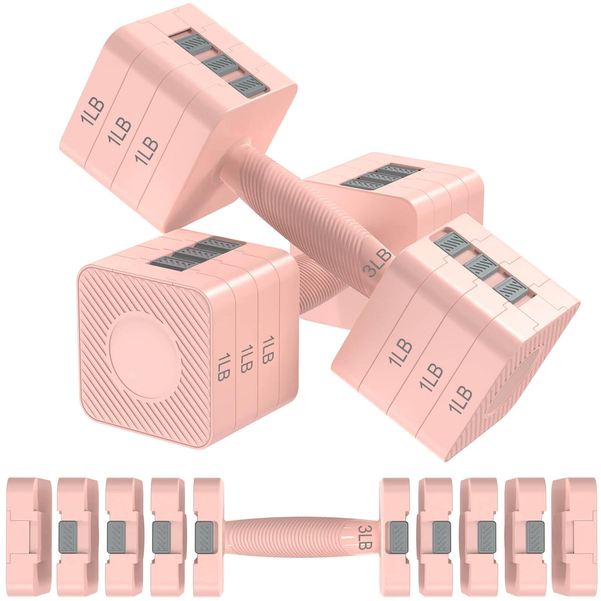 Hezeyferg Adjustable Dumbbells Set of 2, Hand Weights Sets with 5 Levels 3lb, 5lb, 7lb, 9lb, 11lb, Adjustable Weight Dumbbells for Women/Men Home Gym Full Body Workout (Pink)