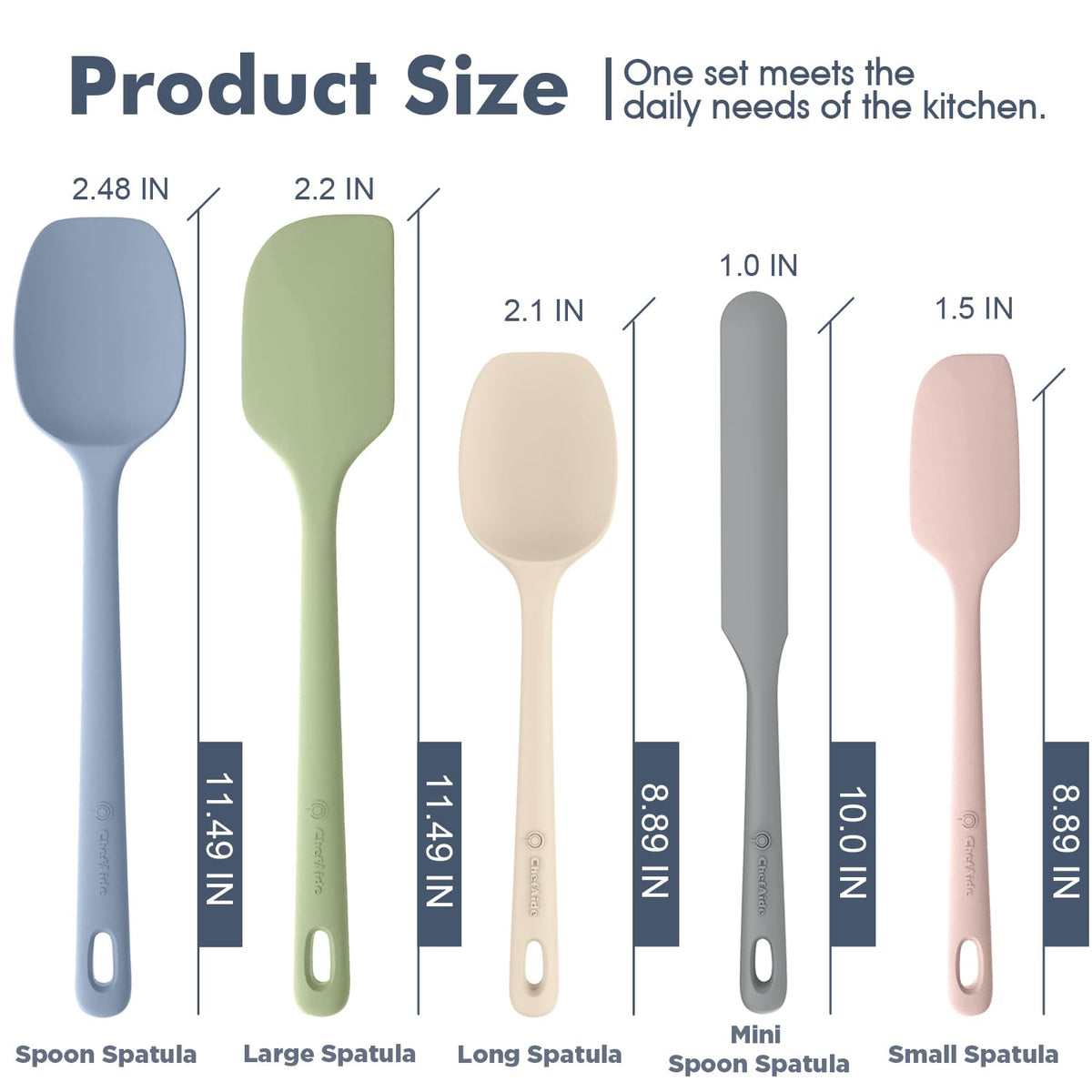 ChefAide 5 Pieces Silicone Spatula Set, Food Grade Rubber Spatula, Upgrade Strong Handle with Ergonomic Grip, Heat Resistant Up to 600°F for Nonstick Cookware, Cooking Candy Series