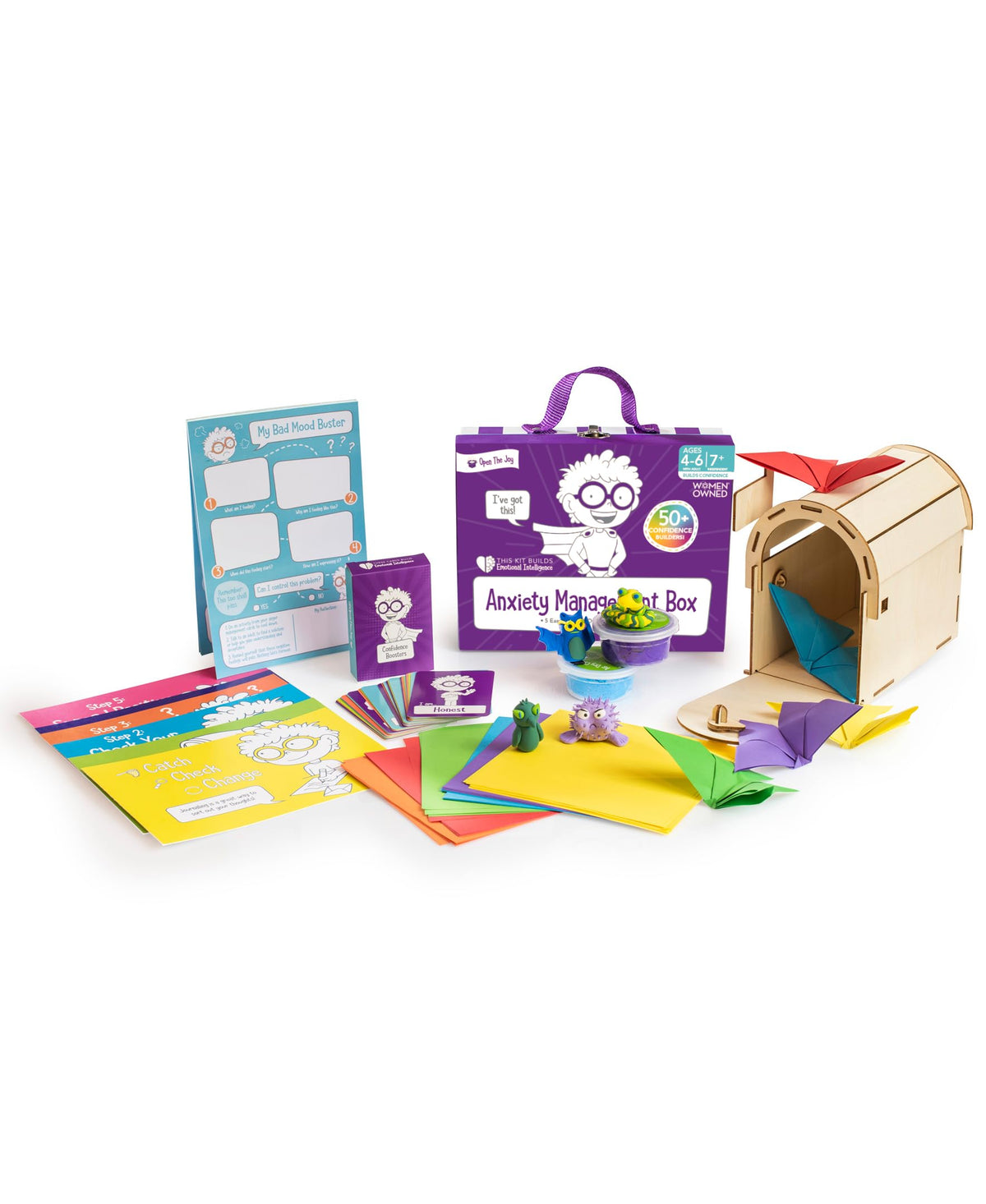 Open The Joy Anxiety Management Box for Kids - DIY Wooden Mailbox, Air-Dry Clay Kit, Origami Crafts, Confidence Cards, and Emotional Learning Activities - Ages 4+