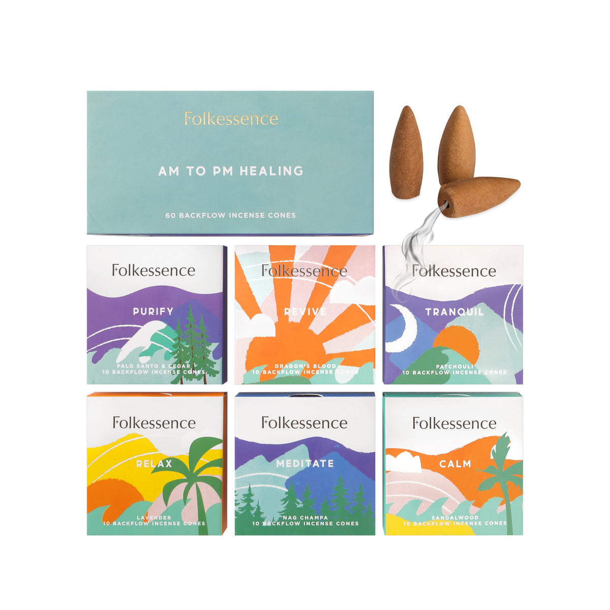 Folkulture Backflow Incense Cones | Set of 6 Waterfall Incense Cones | Lavender Dragon’s Blood Palo Santo & Cedar Patchouli Sandalwood Nag Champa Inscents-Cones for Gifts for Mom (AM to PM Healing)