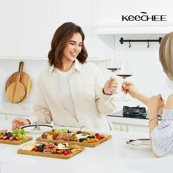 Keechee Wood Cutting Board for Kitchen - Reversible Bamboo Cutting Boards Gift Set of 3 with Juice Groove, Wooden Chopping Board for Meat, Fruit, Vegetables & Cheese (Pre Oiled, Natural)