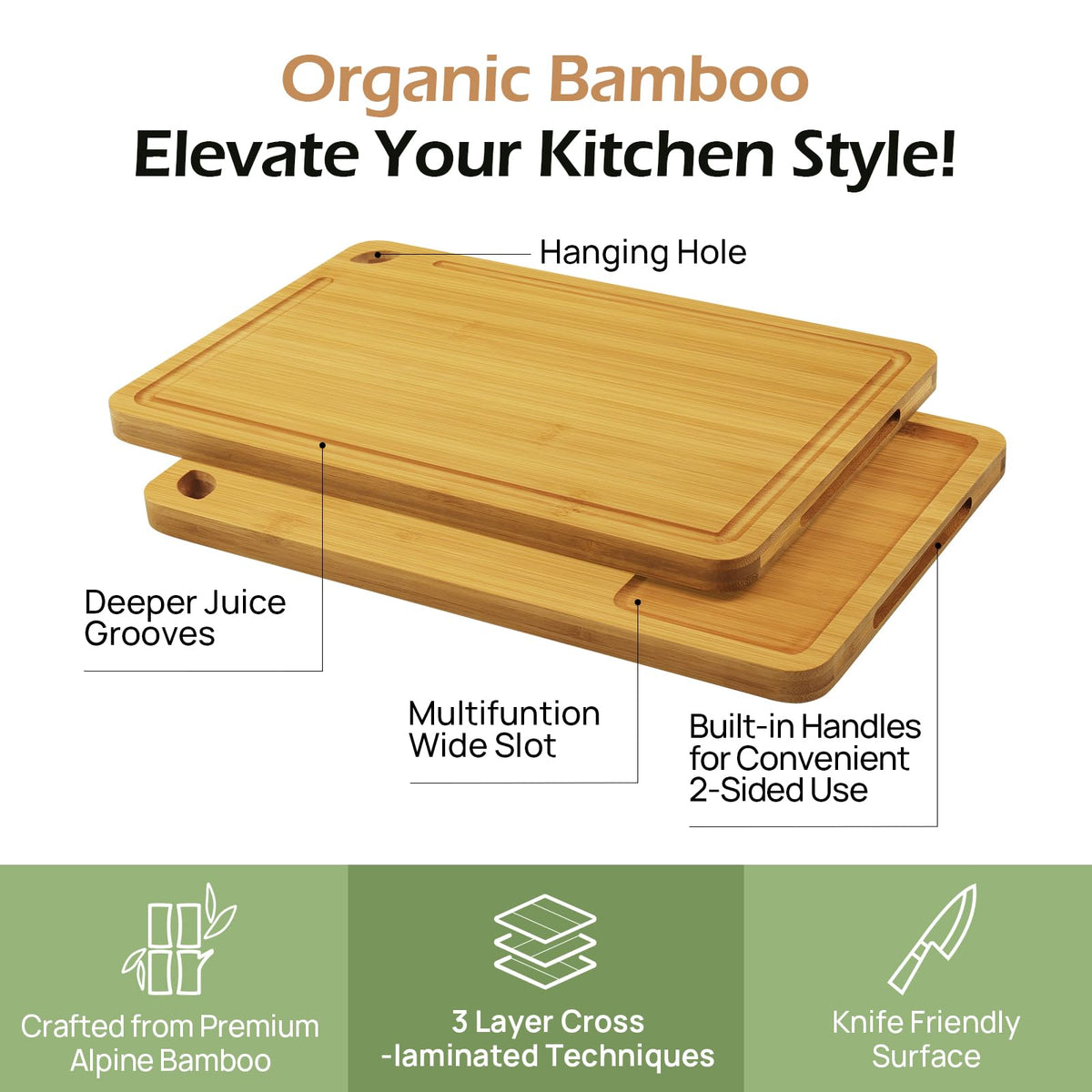 Keechee Wood Cutting Board for Kitchen - Reversible Bamboo Cutting Boards Gift Set of 3 with Juice Groove, Wooden Chopping Board for Meat, Fruit, Vegetables & Cheese (Pre Oiled, Natural)