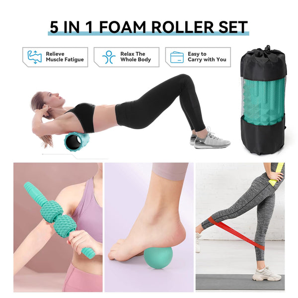 Zmarthumb 5 in 1 Foam Roller Set, High Density Fitness Exercise Foam Roller for Deep Tissue Muscle Massage, Massage Roller, Massage Ball, Resistance Band, for Whole Body(Tiffany Green)