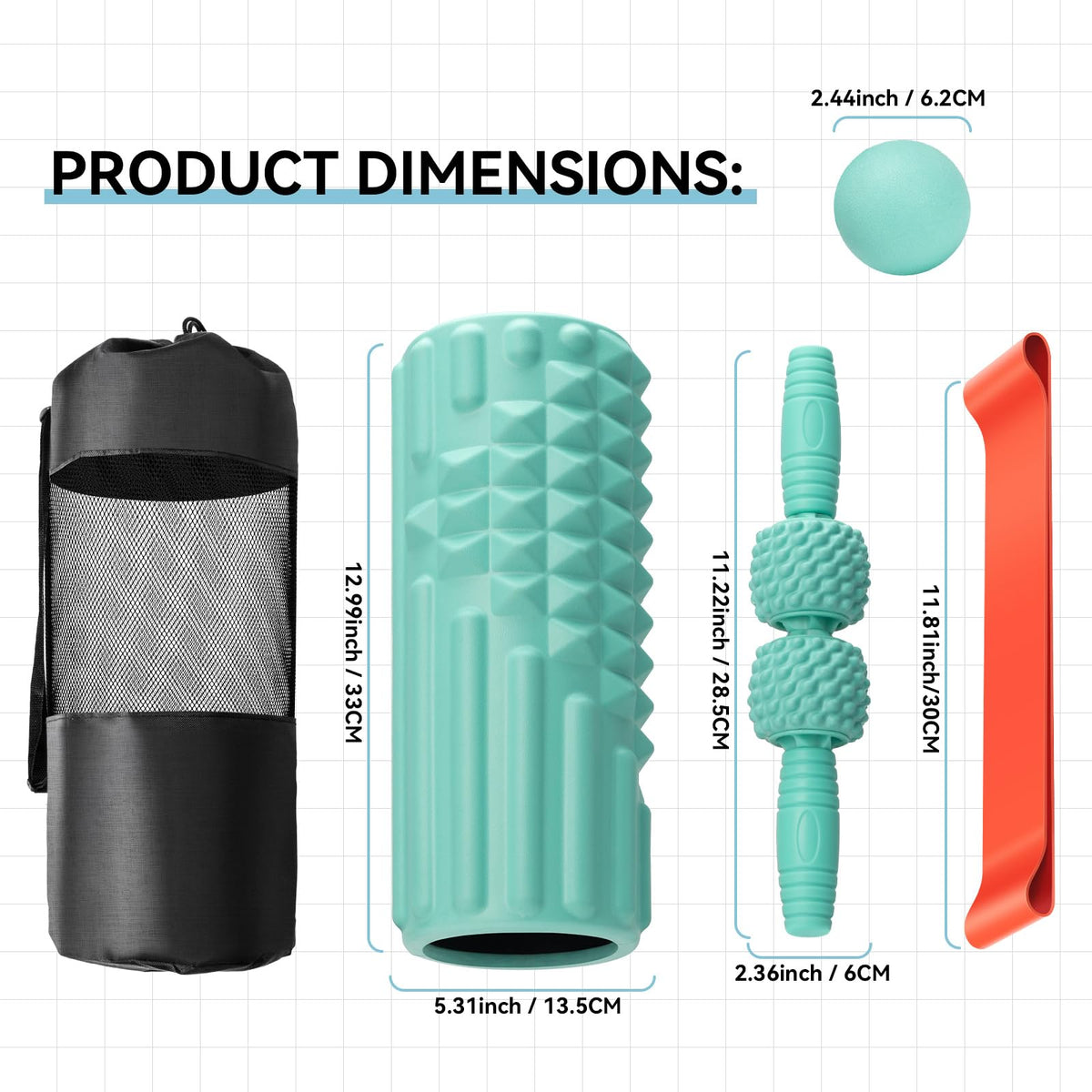 Zmarthumb 5 in 1 Foam Roller Set, High Density Fitness Exercise Foam Roller for Deep Tissue Muscle Massage, Massage Roller, Massage Ball, Resistance Band, for Whole Body(Tiffany Green)