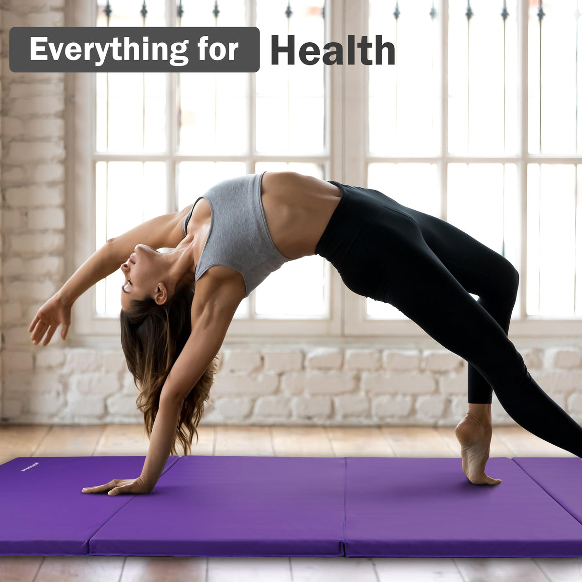 Folding Exercise Gymnastics Mat, 4'x8'x2" Gym Workout Mat with Carrying Handles High-Density Anti-Tear Portable Fitness Aerobics Mats for Home Gym Yoga Pilates Tumbling MMA Core Training, Purple