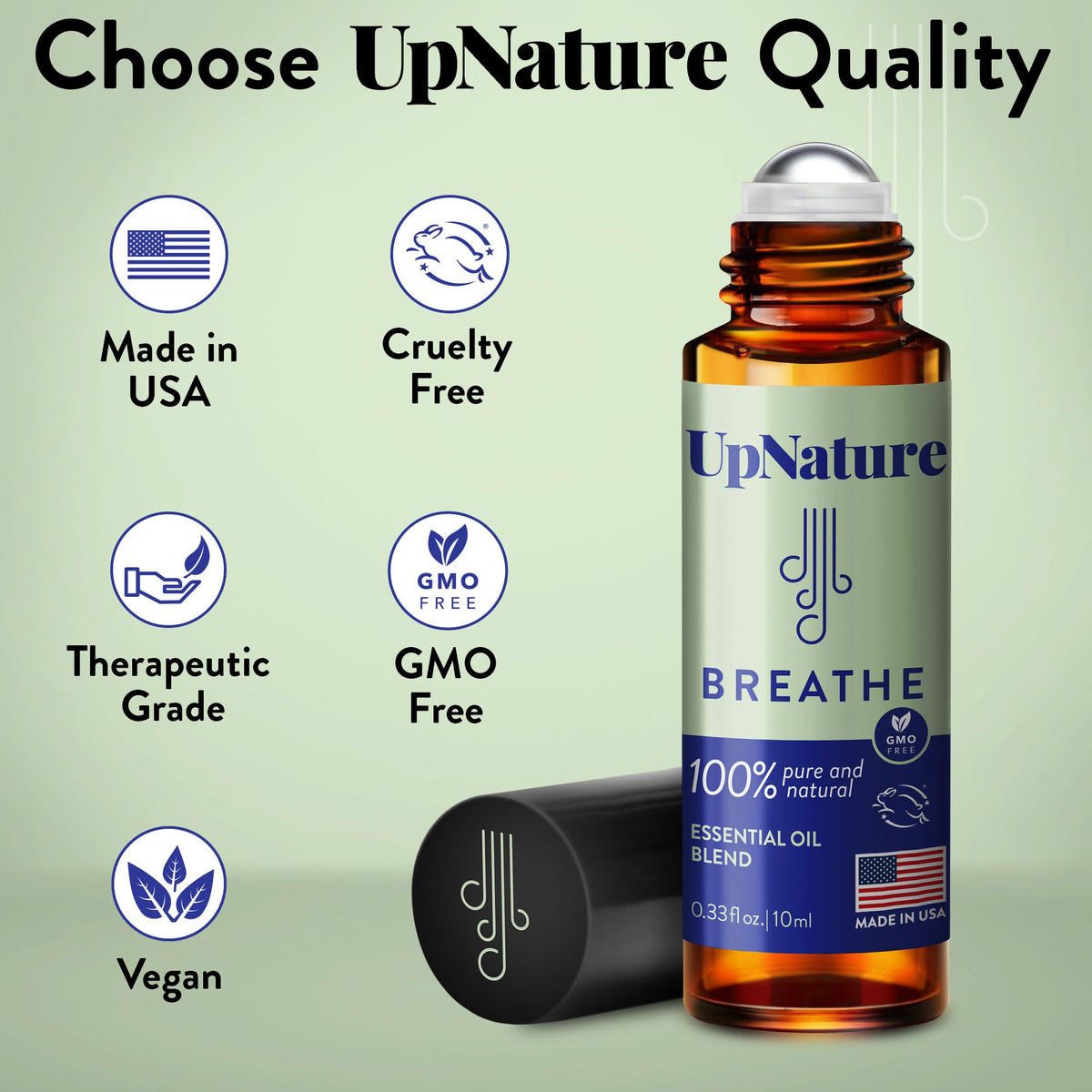 UpNature Breathe Essential Oil Roll On Blend – Natural Breathing Support - Premium Quality Essential Oils for Skin - Pure Blend of Peppermint, Tea Tree & Eucalyptus Oil