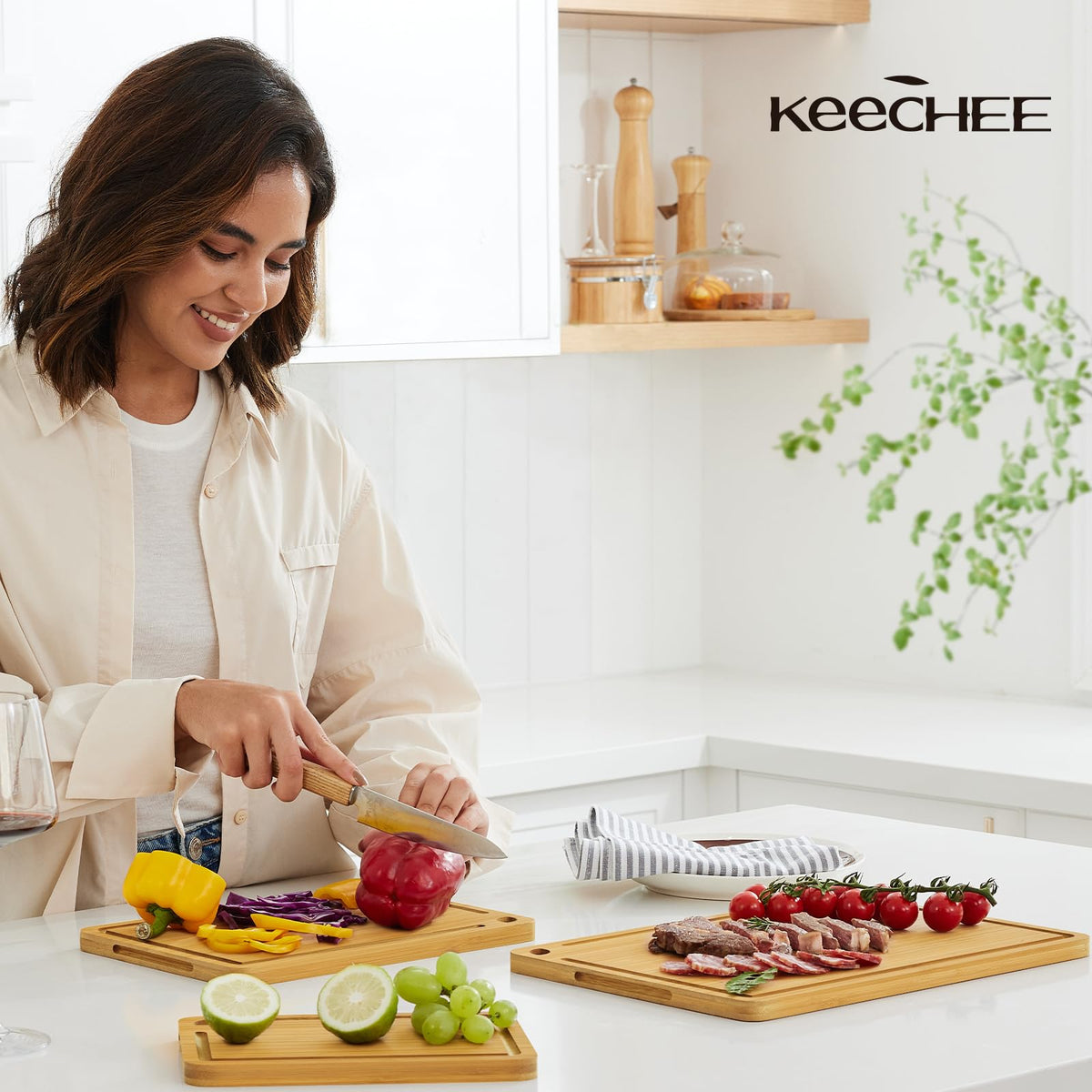 Keechee Wood Cutting Board for Kitchen - Reversible Bamboo Cutting Boards Gift Set of 3 with Juice Groove, Wooden Chopping Board for Meat, Fruit, Vegetables & Cheese (Pre Oiled, Natural)