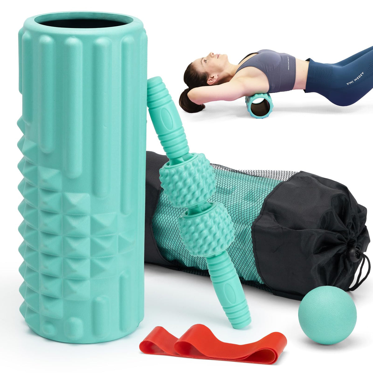 Zmarthumb 5 in 1 Foam Roller Set, High Density Fitness Exercise Foam Roller for Deep Tissue Muscle Massage, Massage Roller, Massage Ball, Resistance Band, for Whole Body(Tiffany Green)