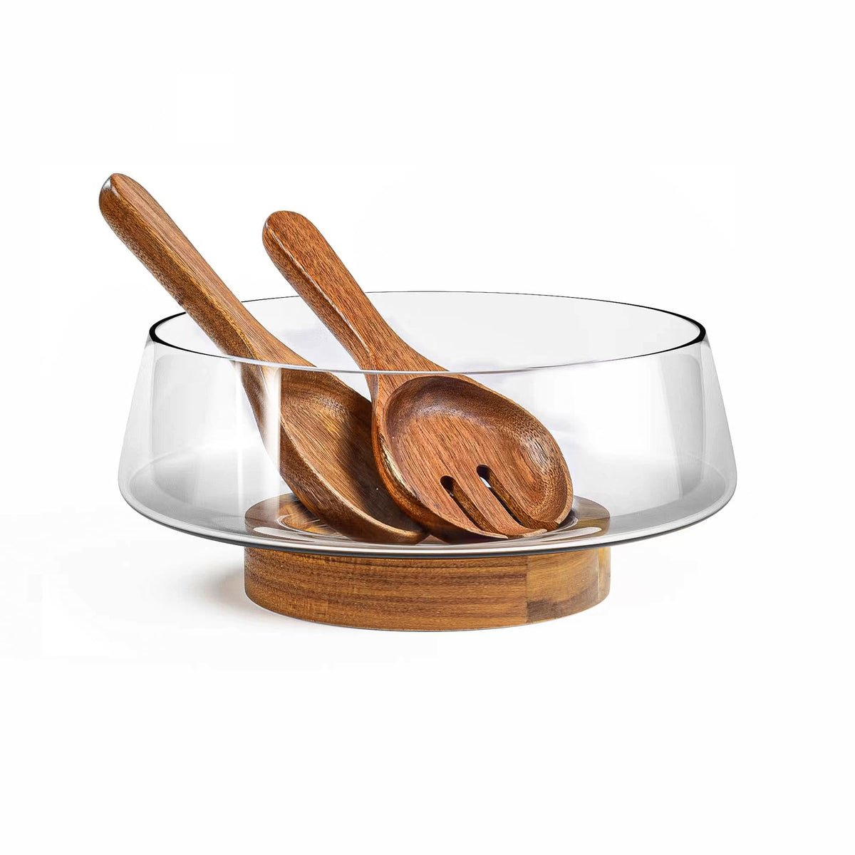 KITEISCAT Extra Large Glass Salad Bowl Set - Party Salad Bowls with Acacia Wood Base and Serving Utensils - Elegant and Practical Kitchen Must-Have