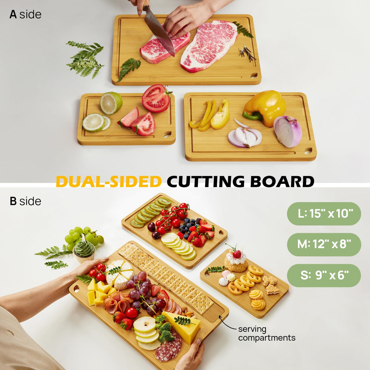 Keechee Wood Cutting Board for Kitchen - Reversible Bamboo Cutting Boards Gift Set of 3 with Juice Groove, Wooden Chopping Board for Meat, Fruit, Vegetables & Cheese (Pre Oiled, Natural)