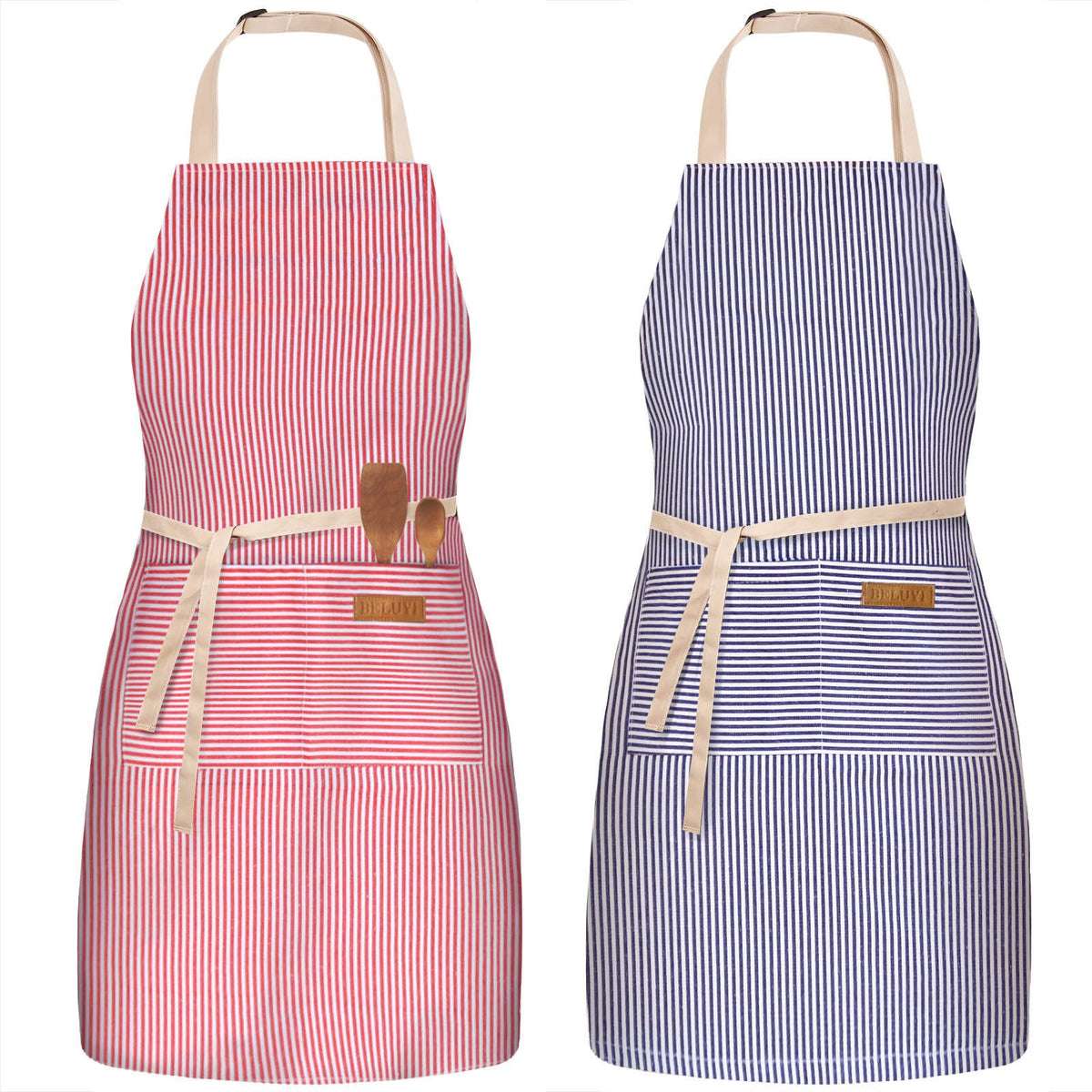 BeLuyi 2 Pack Adjustable Bib Apron with 2 Pockets Chef Cooking Kitchen Restaurant Aprons for Women Men (Blue/Red Pinstripes)