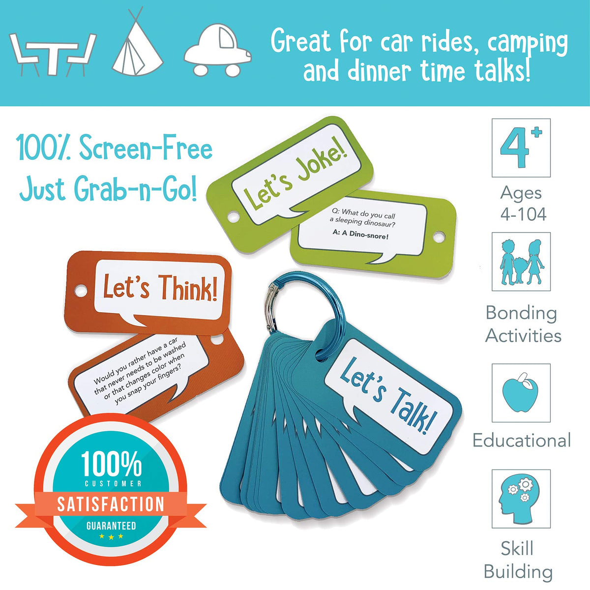 Open The Joy Let’s Chat 3-in-1 Conversation Starters Cards for Kids - Grab and Go Travel Card Games for Car, Airplanes - Talk, Think, Joke Cards - Ages 4+