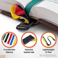 Superior Essentials Magnetic Bible Bookmark - Genuine Leather, Attachable Bible Ribbon Bookmarks for Book Lovers with 5 Strings - No More Flipping Pages Using Our Bible Page Marker (1PC, Rainbow)