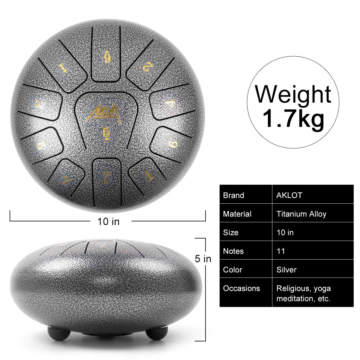 AKLOT Steel Tongue Drum 10 Inches 11 Notes - Percussion Instruments - Sound Healing; Meditation tool, Calming tool