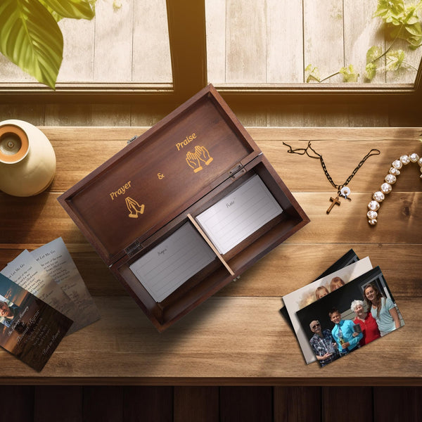 Generic Prayer Box, with Double Sided Cards, Engraved Gold Lettering, Designed Interior, Brown, xinke 3