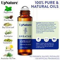 UpNature Breathe Essential Oil Roll On Blend – Natural Breathing Support - Premium Quality Essential Oils for Skin - Pure Blend of Peppermint, Tea Tree & Eucalyptus Oil